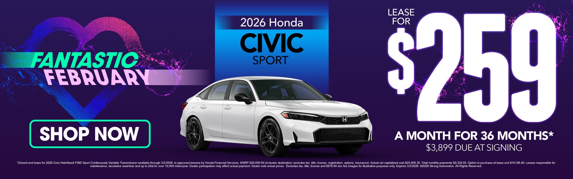 2026 Honda Civic Sport 	Lease $259/36 months $3,899 DAS*