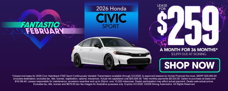 2026 Honda Civic Sport 	Lease $259/36 months $3,899 DAS*