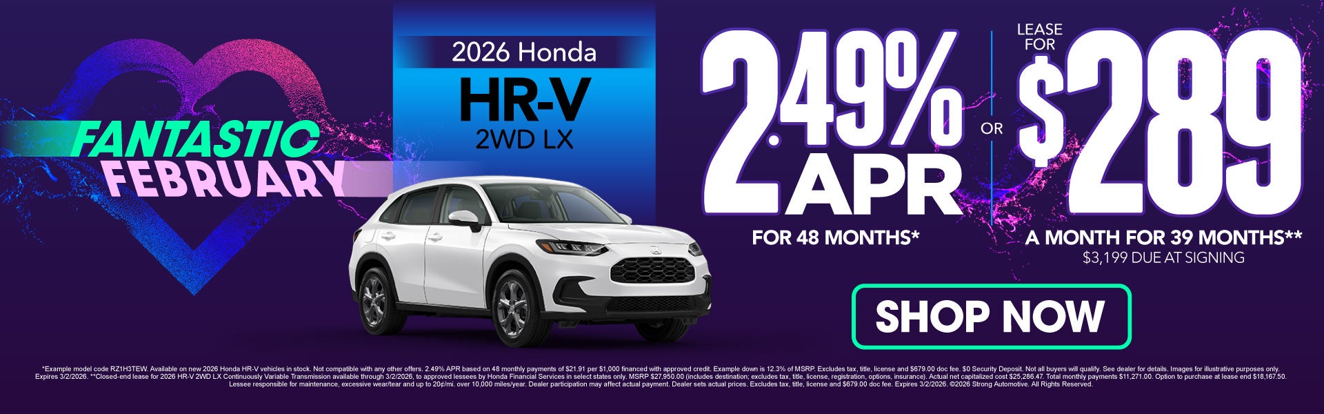 2026 Honda HR-V 2WD LX	"2.49% APR / 48 MO* OR LEASE $289 / 3