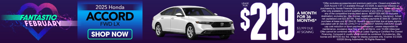 2025 Honda Accord FWD LX	"LEASE FOR $219 A MO / 36 MO* $3,999 Due at signing "