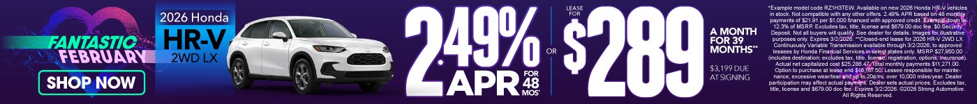 2026 Honda HR-V 2WD LX	"2.49% APR / 48 MO* OR LEASE $289 / 39 MO** $3,199 DAS"
