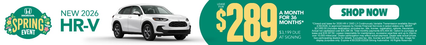 NEW 2026 HR-V "LEASE FOR $289 A MO / 36 MO* $3,199 Due at signing "