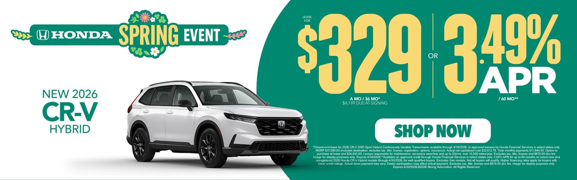 NEW 2026 CR-V HYBRID	"LEASE FOR $329 A MO / 36 MO* $4,199 Du
