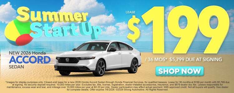 NEW 2026 HONDA ACCORD SEDAN	LEASE $199 / 36 MO* $5,799 Due a