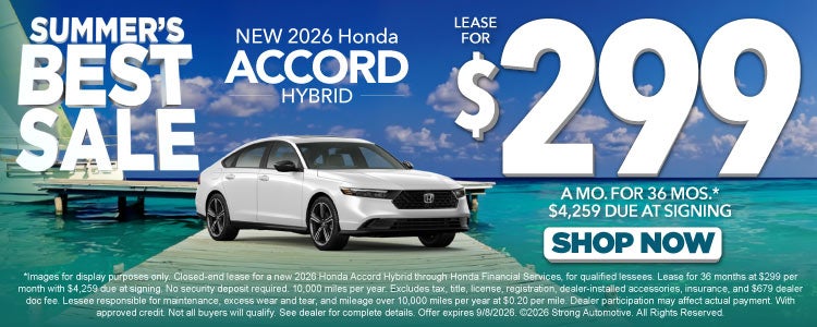 NEW 2026 HONDA ACCORD HYBRID	LEASE $299 / 36 MO* $4,259 Due 