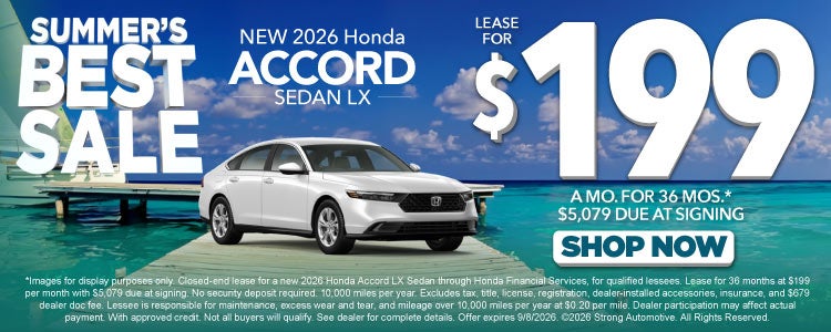 NEW 2026 HONDA ACCORD SEDAN LX	LEASE $199 / 36 MO* $5,079 Du